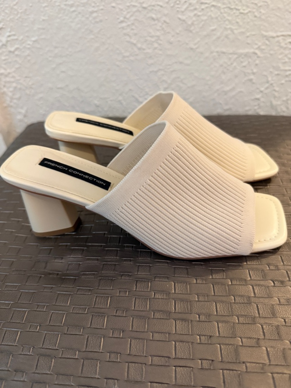 French Connection Beige Ribbed Open-Toe Block Heel Mules
